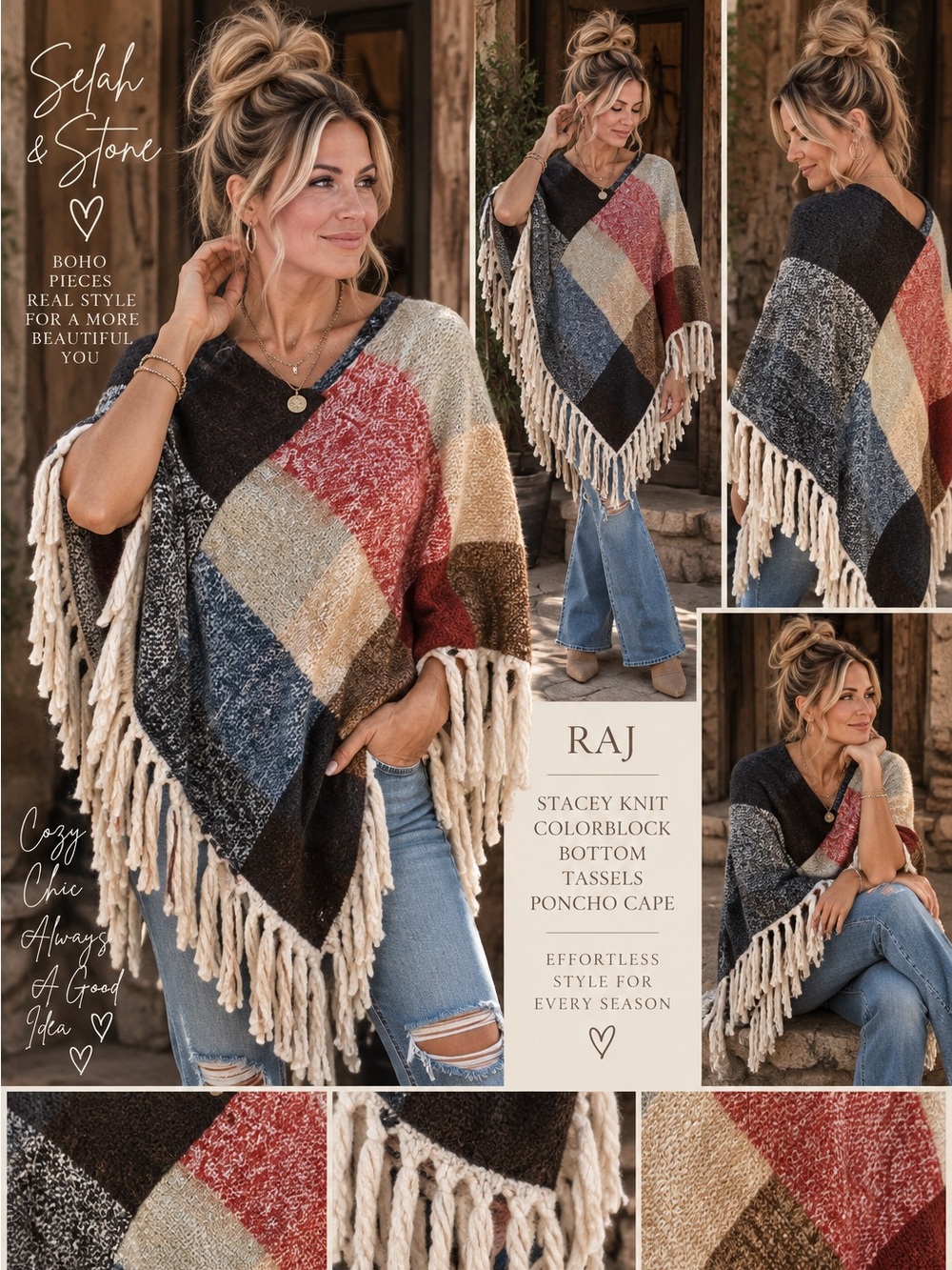 Raj Colorblock Tassel Poncho Cape - Multi (Cream Fringe)